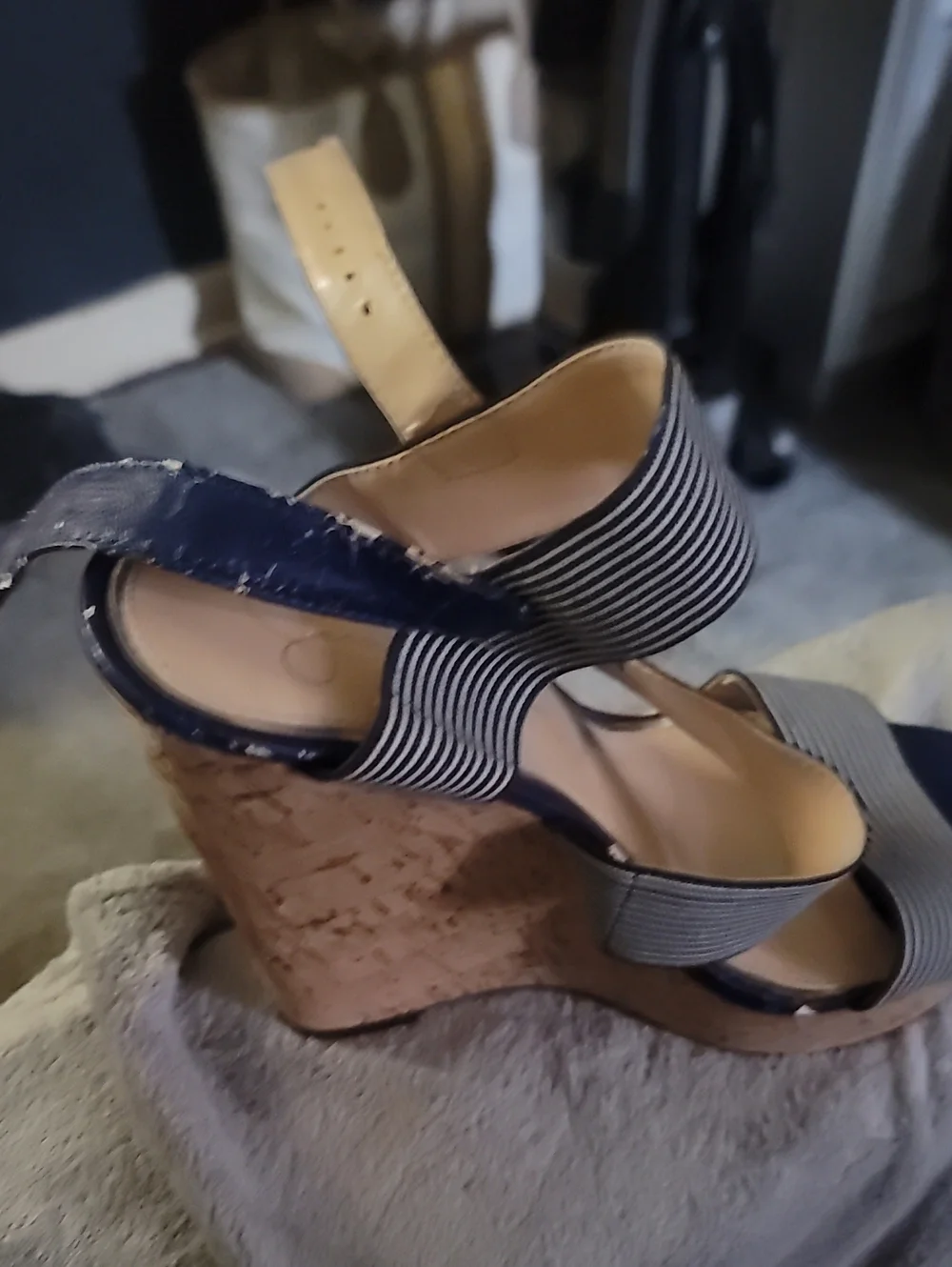 Navy Blue Striped Wedge Sandals